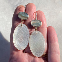 Gilalite in Quartz and Antique Mother of Pearl Chinese Gaming Token Earrings